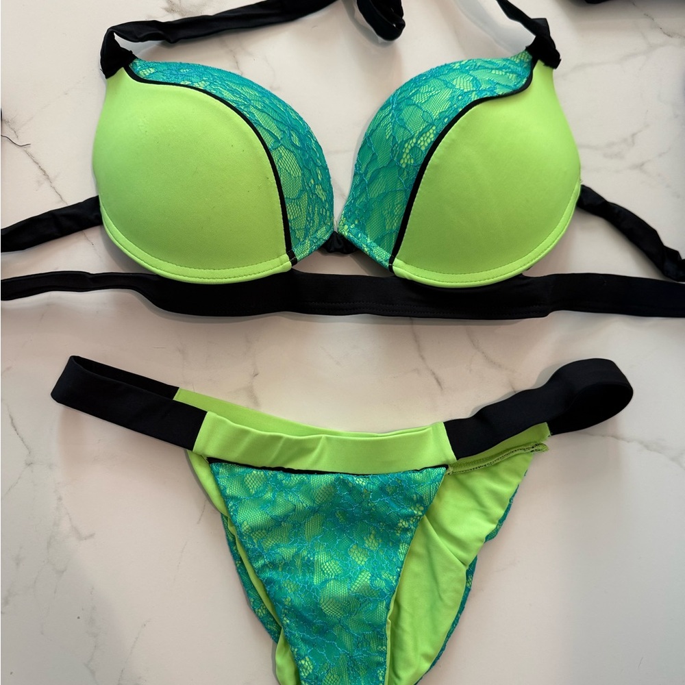 Beach Bunny Neon Lime & Teal Lace Push-Up Bikini Set
